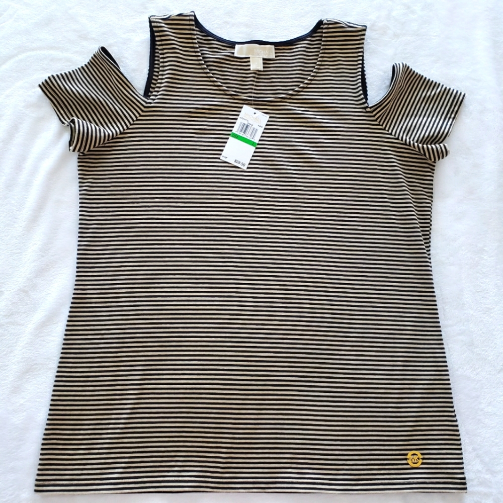 MICHAEL KORS Cold Shoulder Striped Short Sleeve Top—NWT—L - Picture 6 of 11